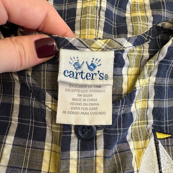 Carter’s Vintage Plaid Embroidered Sailboat Romper Boys Size 18M Blue Yellow - Picture 2 of 10